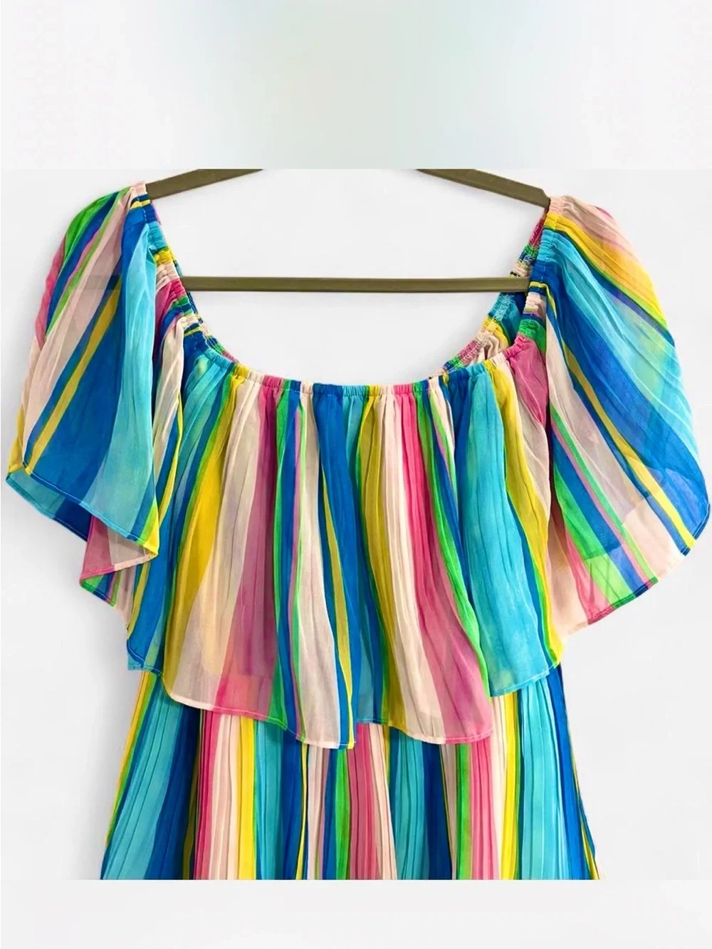 Lulus Gala Ready Multi Stripe Print Off-the-Shoulder Ruffle Midi Dress - Picture 6 of 12